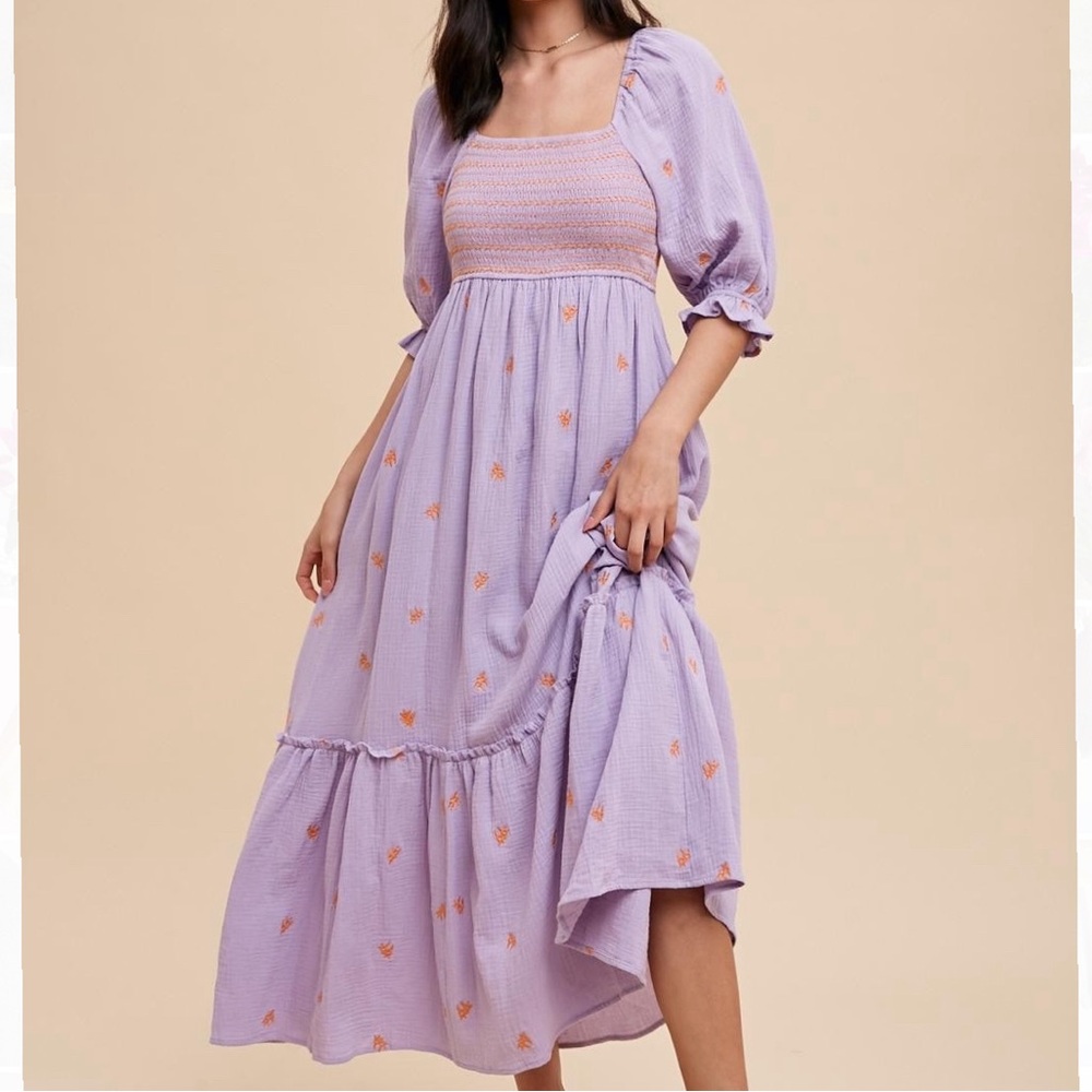 Lavender Embroidered Smocked Maxi Dress